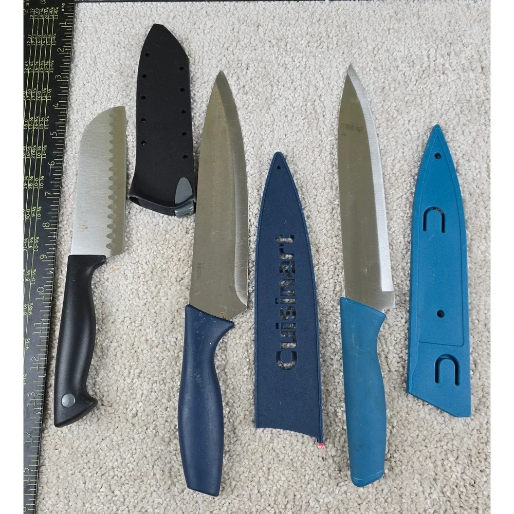 Cuisinart Farberware Chef Knife Set Blue Black 3 Piece With Sheaths Used